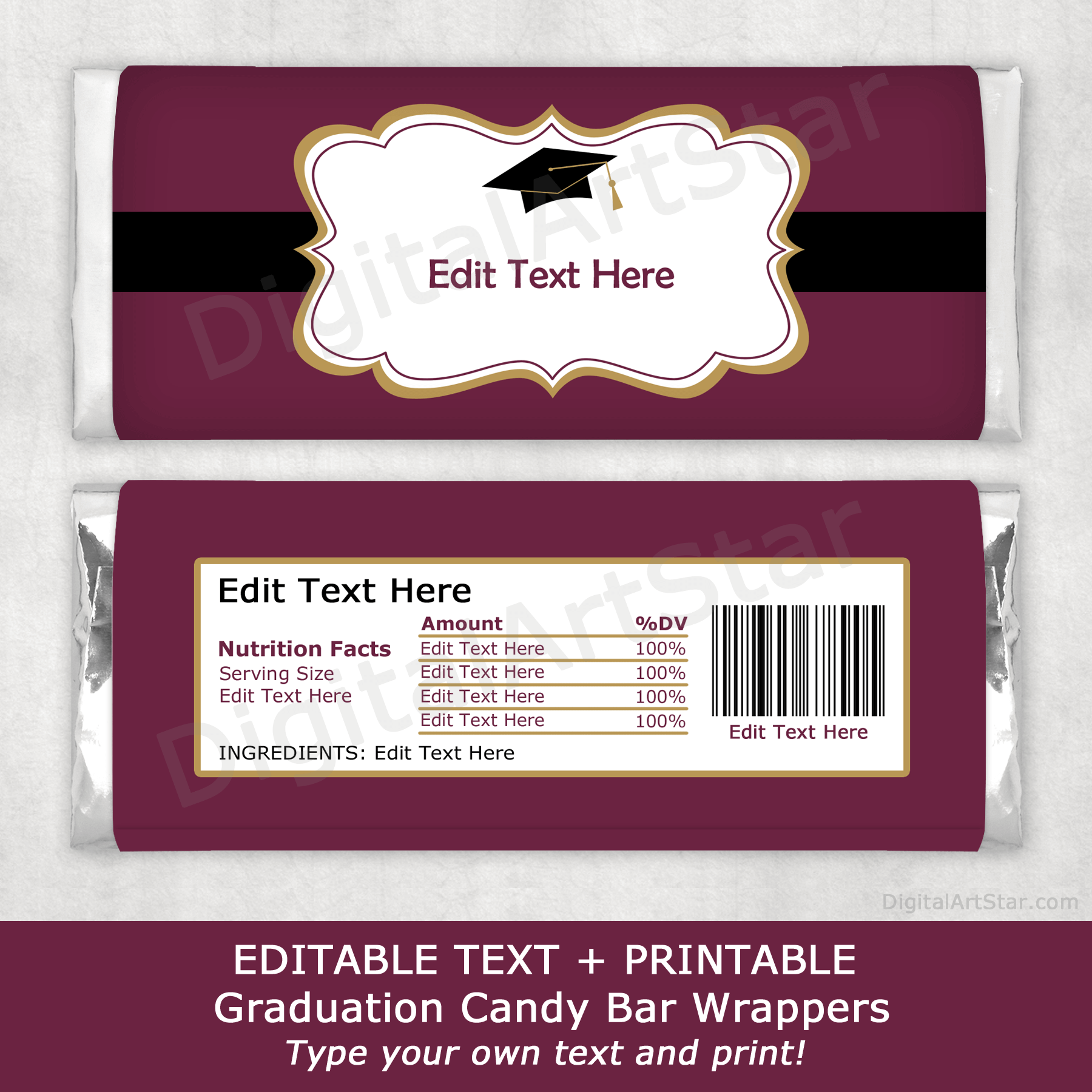 Maroon Graduation Chocolate Bar Wrappers with Black and Gold Accents