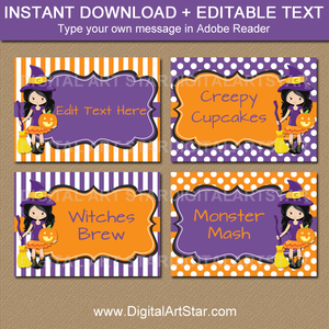 editable Halloween witch buffet cards