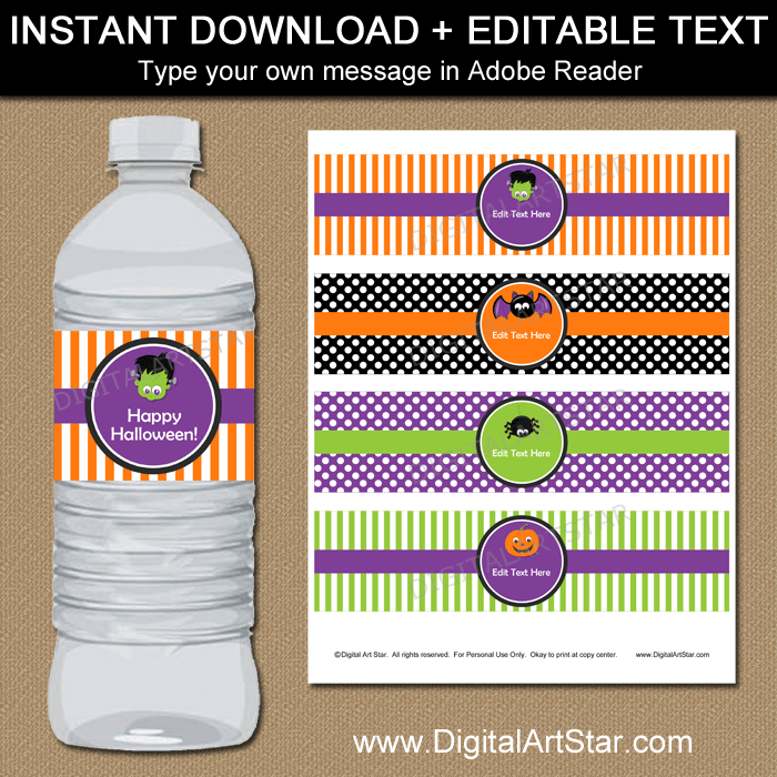 Instant Download Halloween Party Water Bottle Labels Template