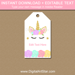 Editable Unicorn Themed Party Tags with Unicorn Face and Flowers