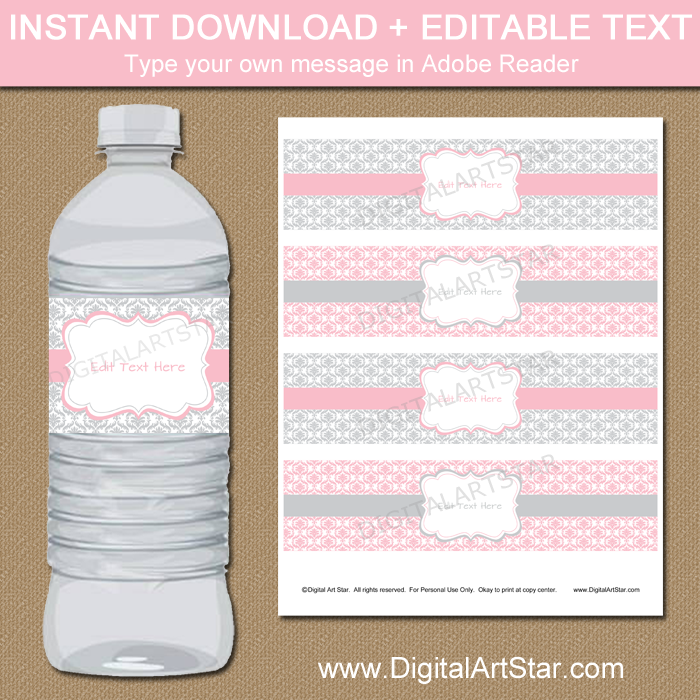 Pink and Gray Water Bottle Labels with Damask