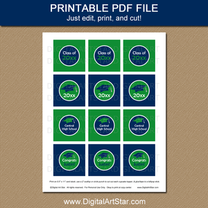 Kelly Green and Navy Blue Graduation Cupcake Toppers Printable