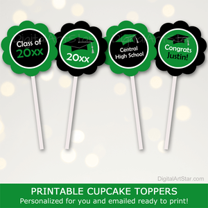 Kelly Green Black Graduation Cupcake Toppers Printable with Name