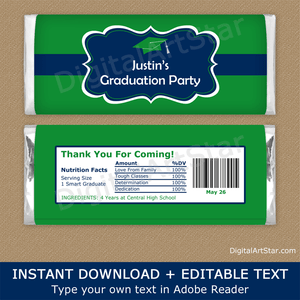 Kelly Green and Navy Blue Graduation Candy Bar Wrapper Template with Editable Text