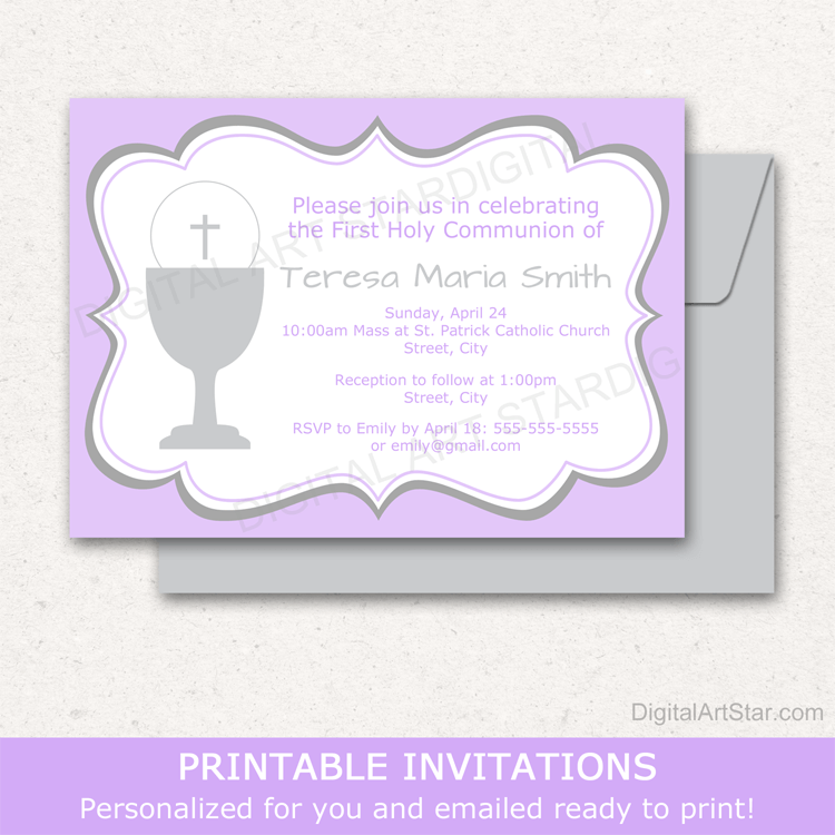 Lavender First Communion Invitations for Girls