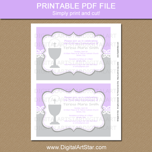 Lavender Gray First Communion Invitation Printable for Girls