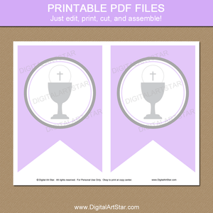 Printable First Communion Party Banner in Lavender and Gray