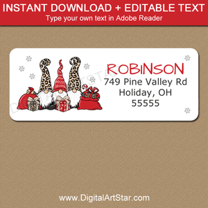 Leopard Print Christmas Address Labels Template with 3 Gnomes