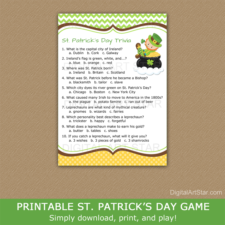Leprechaun St Patrick's Day Trivia Game Printable for Kids