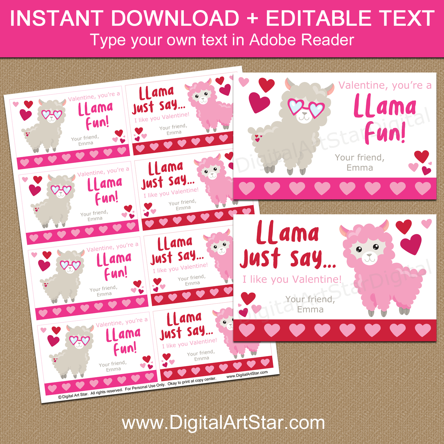 Printable Valentines Day Cards Llama