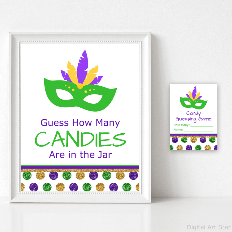 Mardi Gras Candy Guessing Game Sign with Mardi Gras Mask
