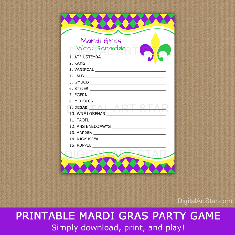 Mardi Gras Word Scramble Game Printable