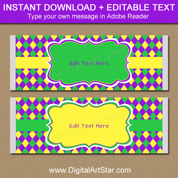 Mardi Gras Candy Bar Wrappers Editable Template