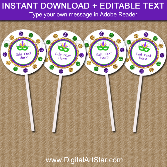 Mardi Gras Cupcake Toppers with Editable Text