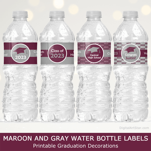 Maroon and Grey Graduation Water Bottle Labels Class of 2023