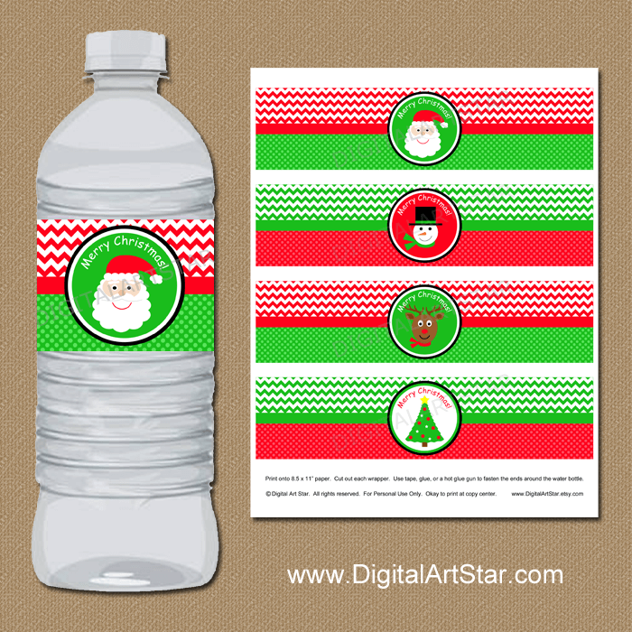 Merry Christmas Water Bottle Labels with Santa, Reindeer, Snowman, Tree