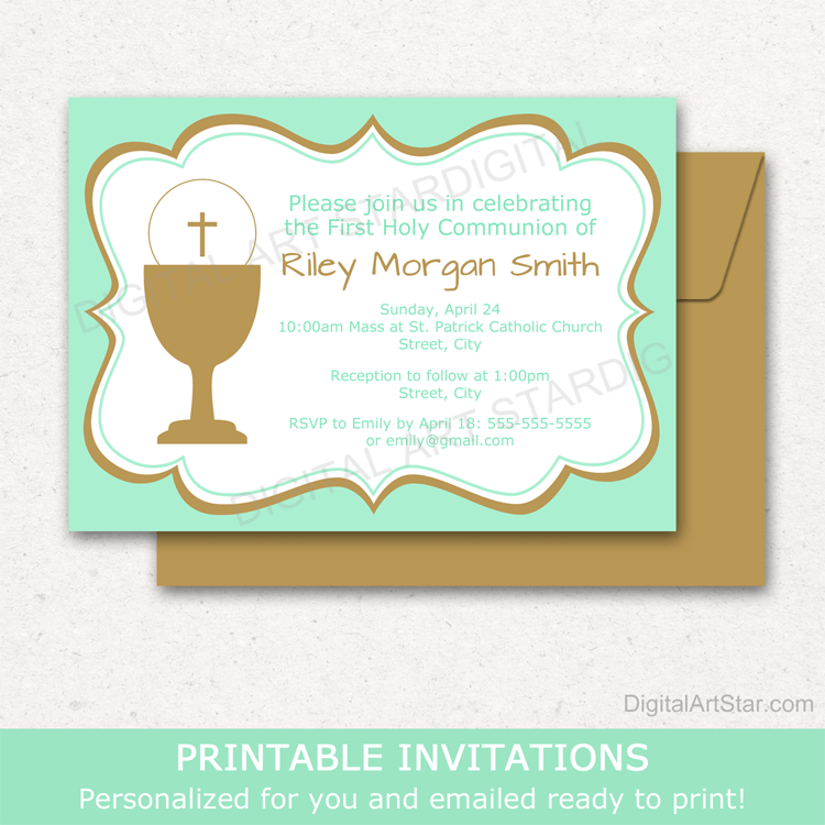 Mint Green and Gold First Holy Communion Invitation Printable Template Download