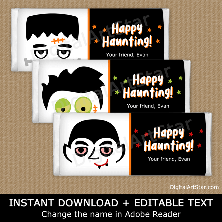 Monster Halloween Candy Bar Wrappers with Zombie and Vampire