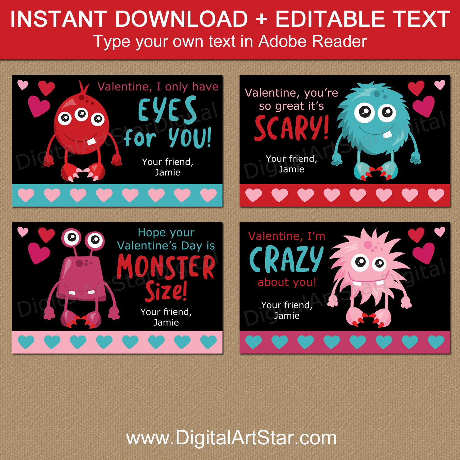 Monster Valentine's Day Cards for School Printable