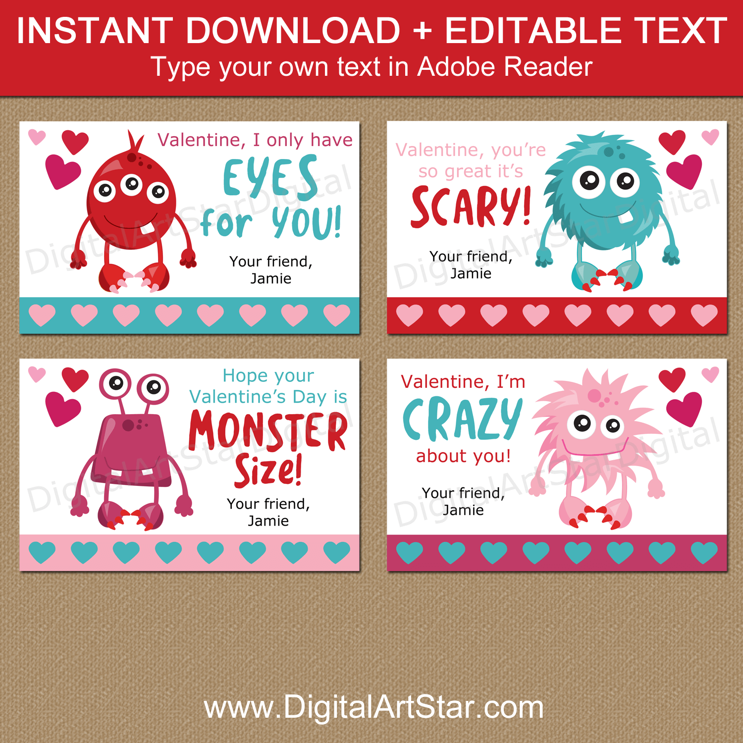 Instant Download Monsters Valentines Day Cards for Kids