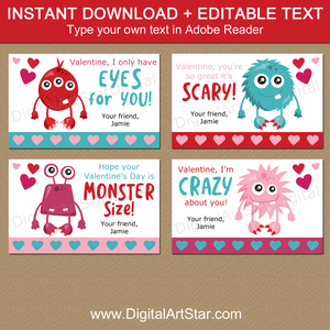 Instant Download Monsters Valentines Day Cards for Kids