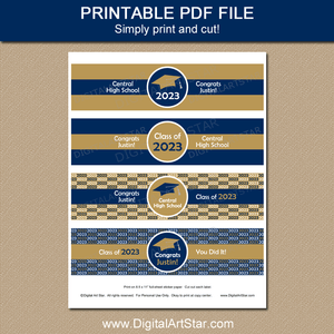 Navy Blue and Gold Graduation Party Decorations Printable Water Bottle Labels