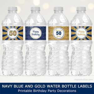 Navy Blue and Gold Water Bottle Labels Printable 50th Birthday Party Decorations Four Designs