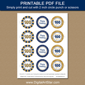 Navy Blue and Gold 100th Birthday Cupcake Toppers Printable for Men