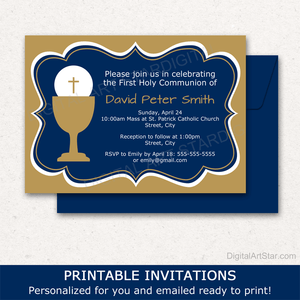 Navy Blue and Gold First Communion Invitation Template for Boys