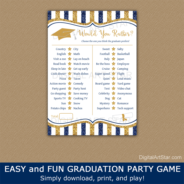 Navy Blue and Gold Graduation Game Printable Would You Rather