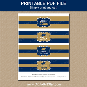 Navy Blue and Gold Graduation Water Bottle Labels Printable PDF