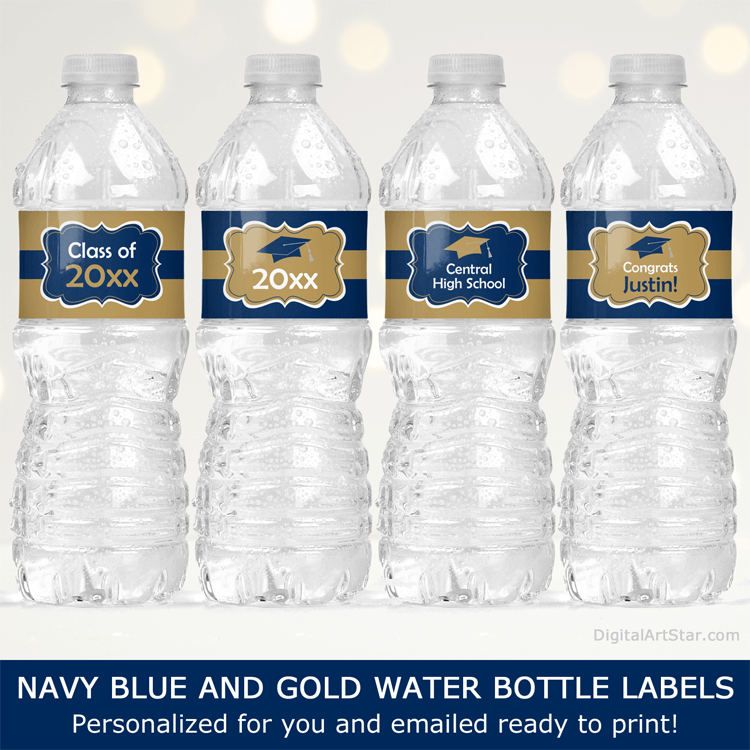 Navy Blue and Gold Water Bottle Labels Graduation Party Decorations High School