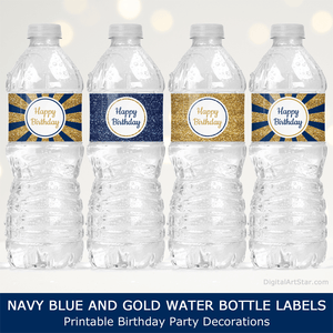 Navy Blue Gold and White Happy Birthday Water Bottle Stickers Party Decorations for Men