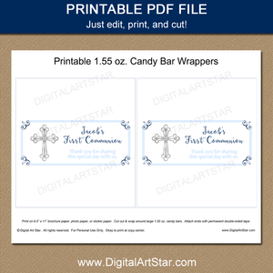 Navy Blue and Light Blue First Communion Chocolate Bar Wrappers Printable for Boys