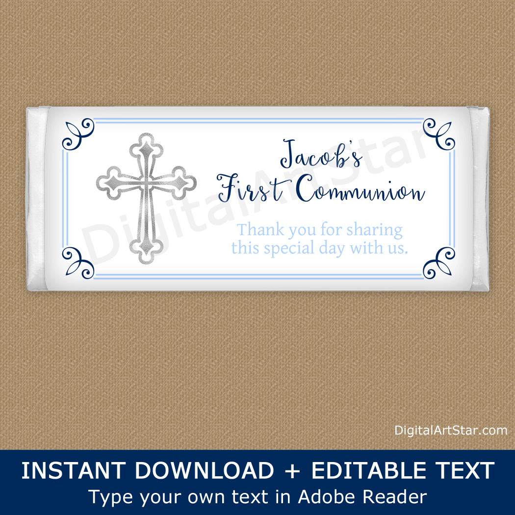Navy Blue and Light Blue First Communion Chocolate Bar Wrappers Template