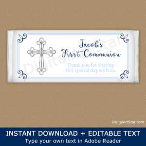 Navy Blue and Light Blue First Communion Chocolate Bar Wrappers Template