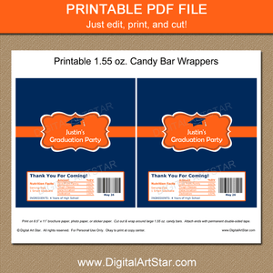 Navy Blue and Orange Graduation Candy Bar Labels Printable Favors
