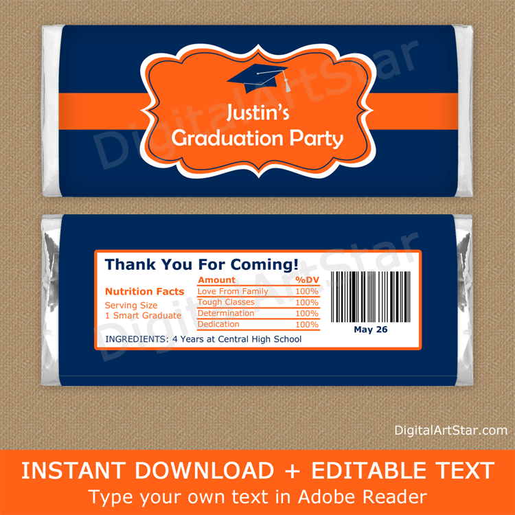 Navy Blue and Orange Graduation Candy Bar Wrappers High School
