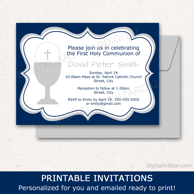 Navy Blue Printable Invitations for Boys First Holy Communion Party