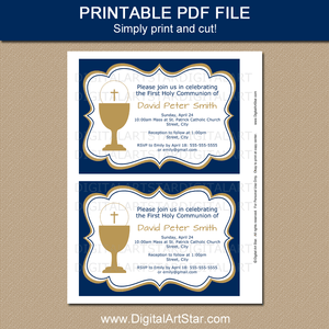 Navy Blue White and Gold Printable First Communion Invitatino Template for Boys