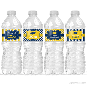 Navy Blue Yellow Graduation Party Decorations Editable Water Bottle Labels