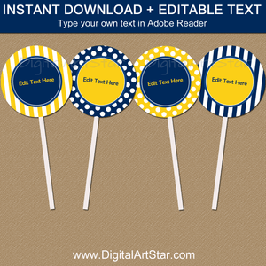 Navy and Yellow Cupcake Toppers Instant Download