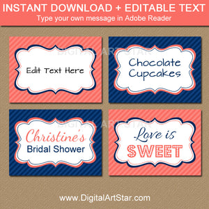 coral and navy candy buffet labels
