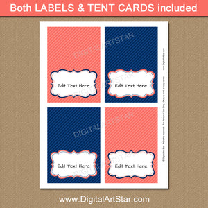 printable navy and coral tent cards