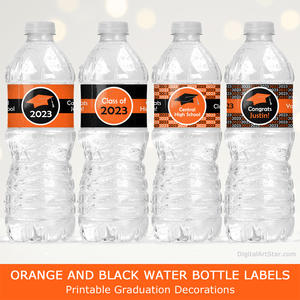 Orange and Black Graduation Party Decorations - Printable Bottle Wraps 2023