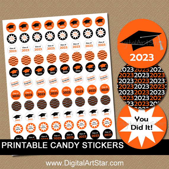 Orange and Black Printable Graduation Candy Stickers 2023 - Digital Art Star