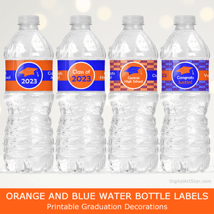 Orange and Blue Water Bottle Labels Printable Graduation Decorations 2023