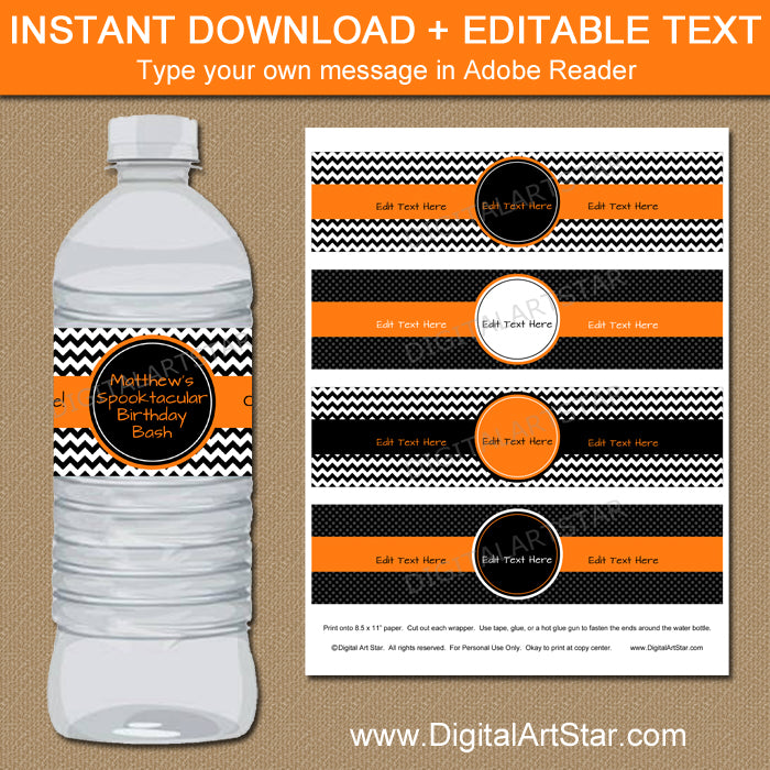 instant download halloween water bottle labels in orange and black - type your own message in Adobe Reader