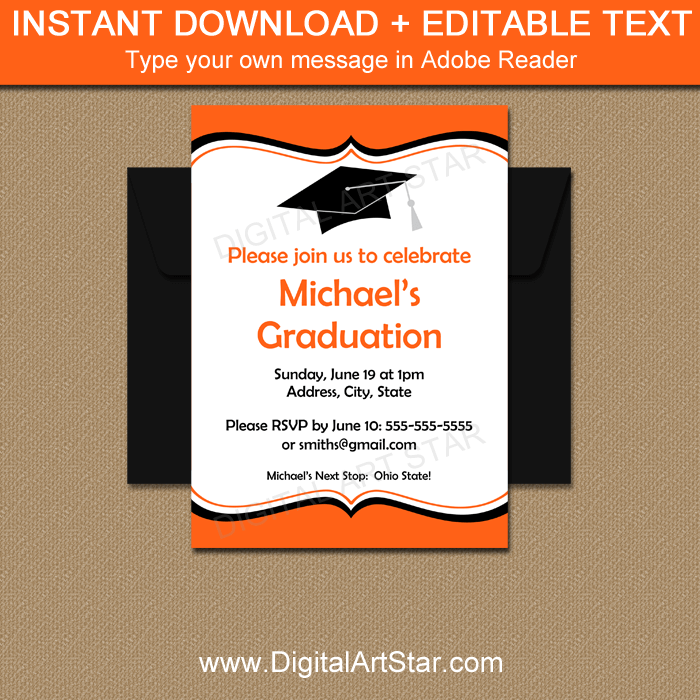 Editable Orange and Black Graduation Invitation Template