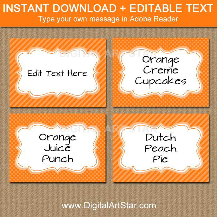 orange food labels with editable text